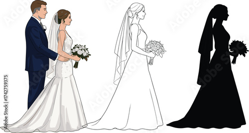 Wedding couple illustration, bride silhouette, groom holding bride, bridal bouquet drawing, vector art, marriage design, romantic couple artwork, bride outline, wedding graphic