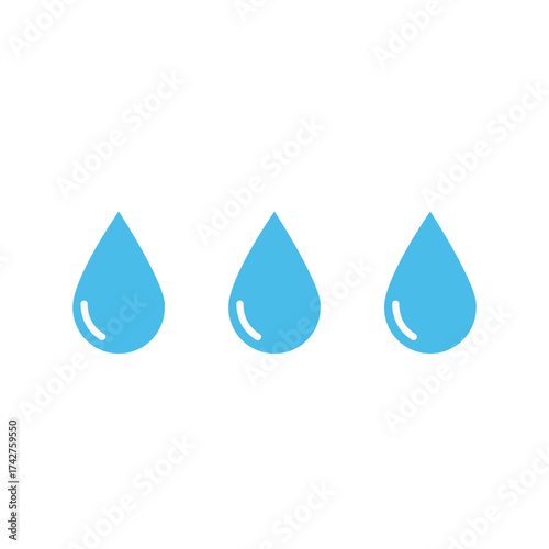 Simple vector illustration of three bright blue water droplets with subtle shine highlights, symbolizing clean water, hydration, pure liquid, and moisture in a minimalist flat design.