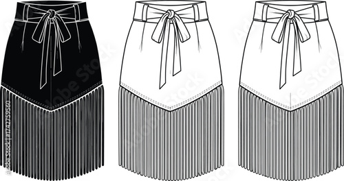 Women’s fringe skirt flat sketch, tassel hem fashion CAD template, wrap tie waist skirt technical drawing, vector apparel design illustration