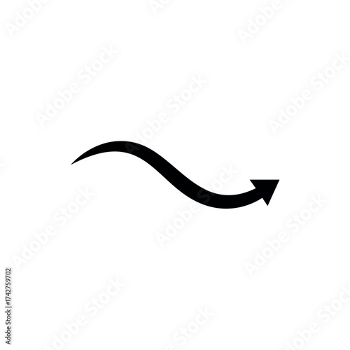 Simple solid black wavy arrow vector curving to the right, symbolizing flow, movement, direction, change, and an abstract progression in a minimalist graphic design.