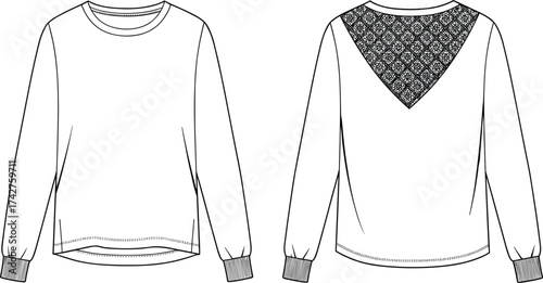 Women’s sweatshirt flat sketch with lace back yoke, technical fashion CAD template, apparel design illustration, vector garment flat drawing
