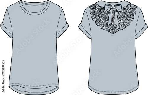 Women’s t-shirt fashion flat sketch, short sleeve top with embroidery lace detail, back tie bow blouse, CAD drawing vector illustration