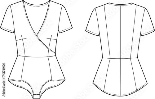 Women's bodysuit fashion flat sketch, wrap front short sleeve leotard, vector illustration, apparel design, CAD drawing, clothing template, stylish lingerie outfit