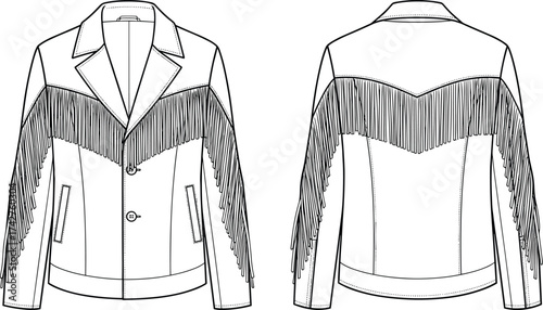 Women's fringe jacket fashion flat sketch, western style outerwear with tassels, vector illustration, apparel design, CAD drawing, clothing template, stylish coat
