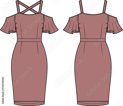 Women's midi dress fashion flat sketch, cold shoulder ruffle sleeve bodycon dress, vector illustration, apparel design, CAD drawing, clothing template, elegant outfit