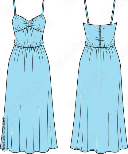 Women's summer dress fashion flat sketch, sleeveless midi sundress with spaghetti straps, vector illustration, apparel design, CAD drawing, clothing template, casual outfit
