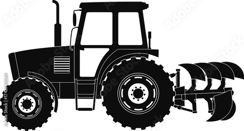 Black silhouette of a farm tractor with a plow vector illustration