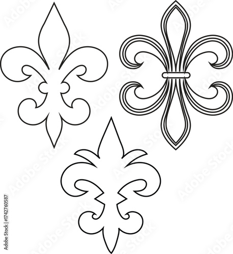 Elegant fleur de lis ornaments three decorative emblems for design projects isolated on white background