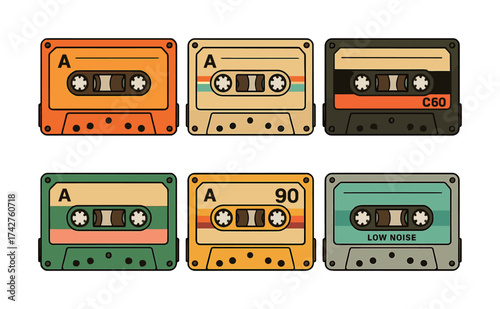 Vector Vintage audio cassettes collection in various designs and colors