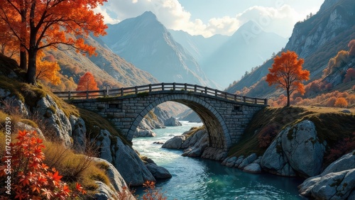 Autumnal Stone Arch Bridge Over a Mountain River in a Picturesque Valley