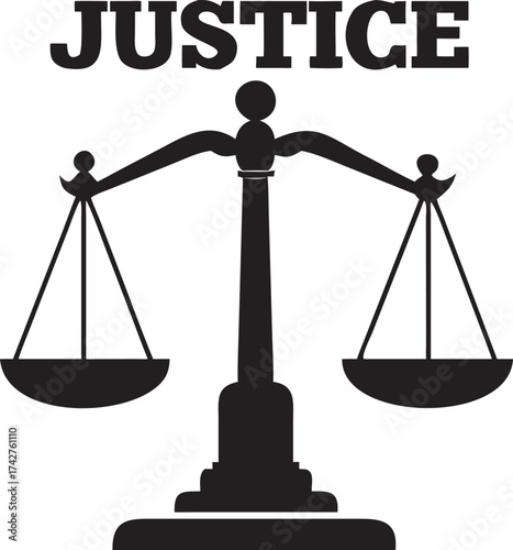 Scales of justice symbol balanced weighing instrument and the word justice
