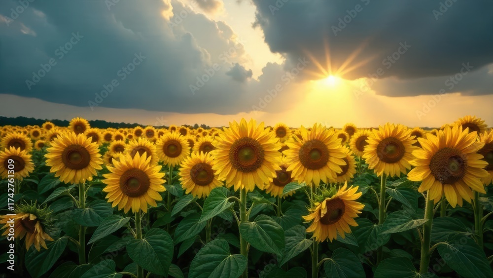 Fototapeta premium Golden Sunflowers Bask in the Dramatic Sunset Glow of a Summer Field