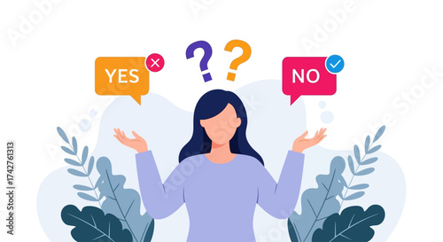 A confused woman weighing the pros and cons to make a difficult choice between a right and wrong answer. Vector concept of dilemma and decision-making