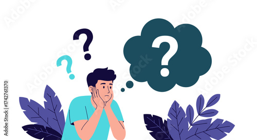 Illustration of a pensive young man surrounded by question marks, representing confusion, problem-solving, and thoughtful contemplation