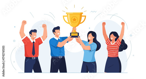 Group of happy business colleagues celebrating their collective success and teamwork with a golden winner's trophy