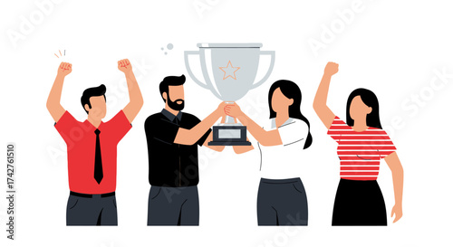 Team celebrating a championship victory with a trophy