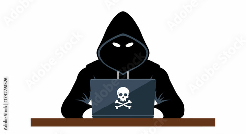 Cybersecurity threat Anonymous hacker in a hoodie using a laptop with a skull and crossbones symbol, representing danger and digital crime