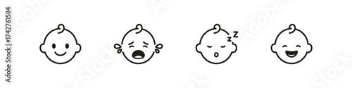 Toddler baby face emotions in outline style. Cute expression vector graphics
