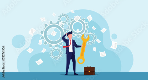 Confused businessman holding a wrench with gears and documents in the background, symbolizing problem-solving and business challenges