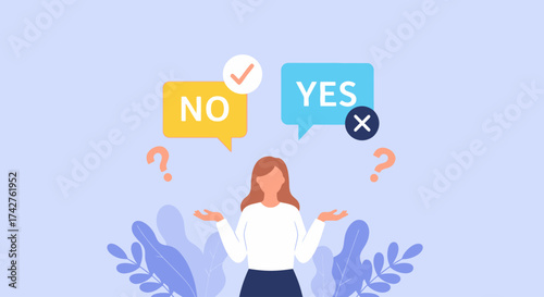 A Woman Stands Between Two Speech Bubbles, One Saying Yes and the Other No, With Question Marks on Either Side