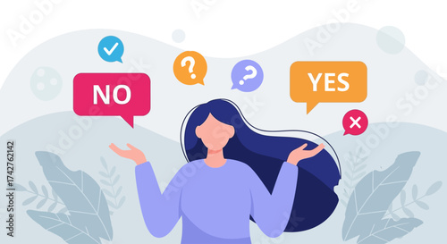 Woman contemplating a decision between 'yes' and 'no' with question marks and icons symbolizing choice and uncertainty