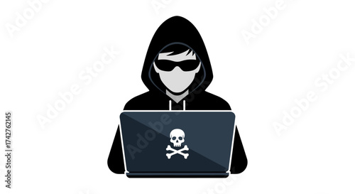 Cybercriminal in a Hoodie with a Laptop Displaying a Skull Icon - Digital Security Threat Concept