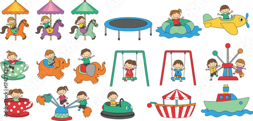 Cartoon amusement park rides, children playing, fun fair illustration, bumper cars, carousel, teacup ride, Ferris wheel, swing set, joyful kids, colorful attractions