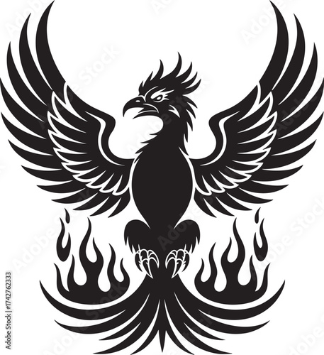 Black phoenix silhouette with spread wings and rising flames isolated on transparent background vector illustration.