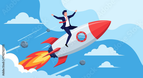 Businessman riding a rocket ship, symbolizing success, rapid growth, and ambitious goals in the business world