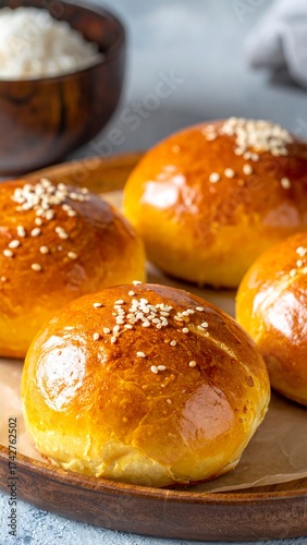 Golden-brown baked buns, sesame seeds on top, with rice in the background