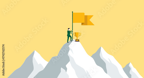 Achieving success by reaching the summit and planting a flag on a snowy mountain peak with a golden trophy at the top, representing victory and accomplishment