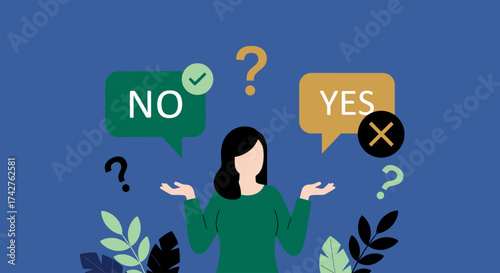 A woman contemplates a decision between two options, 'yes' and 'no,' surrounded by question marks and leaves