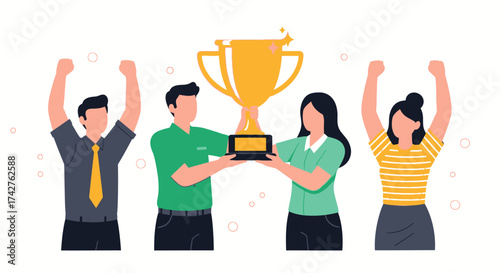 Teamwork and success a group celebrates winning a trophy with jubilant gestures