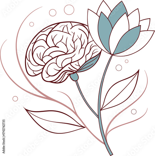 Abstract Human Brain Transforming into Blooming Flower | Creative Concept Illustration, Mind & Growth Vector Art