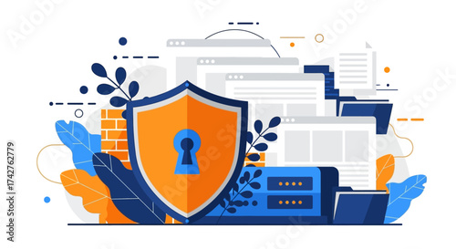 Cyber Security concept with shield, padlock, computer server, web pages and digital elements