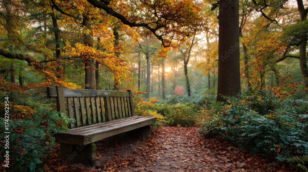 Obraz premium Wooden bench in autumn park surrounded by colorful leaves in soft evening light