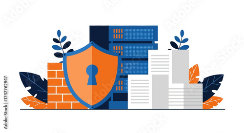 Digital security and data protection concept with servers, firewall, and shield illustration