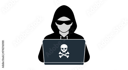 Hacker wearing a hood and sunglasses using a laptop with a skull and crossbones symbol, representing cybercrime and online security threats