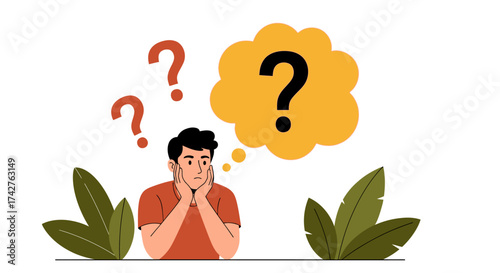 A person is thinking about questions and problems, illustrated with question marks in thought bubbles and surrounding plants