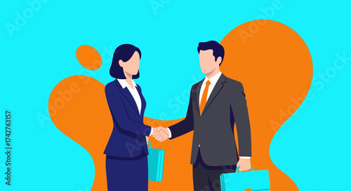 Two business professionals shaking hands in agreement over an orange and blue abstract background illustration