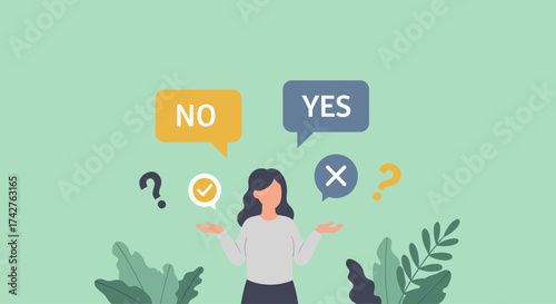 Making a Decision A Woman Weighs Her Options with Yes and No Choices
