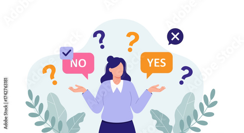 Decision Making Concept with Woman Weighing Options and Question Marks
