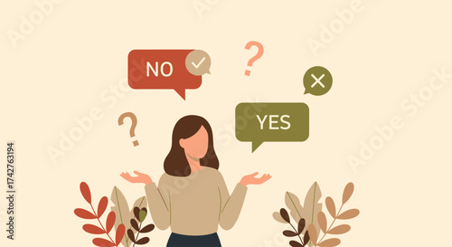 Conceptual illustration of a person contemplating a decision, with 'yes' and 'no' speech bubbles and question marks floating around