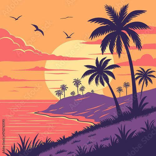 Scenic Sunset Over Tranquil Ocean Shoreline with Vibrant Sky