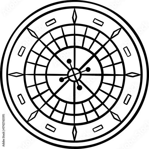 Doodle style illustration of a classic casino roulette wheel, simple black and white sketch icon. Hand-drawn game of chance perfect for gambling, risk, and entertainment themes
