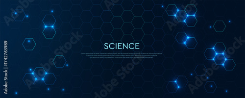Modern tech background with abstract blue hexagon design. Geometric vector banner for medical, science, bio.