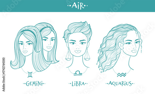 Stylish line art portraits of Gemini, Libra, and Aquarius representing the air element. Elegant female faces with detailed hair and astrology symbols.