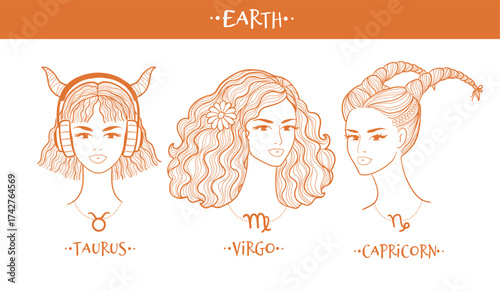 Elegant line art portraits of Taurus, Virgo, and Capricorn representing the earth element. Feminine faces with unique hairstyles and astrology symbols.