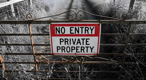 Private Property Sign On A Vintage Rusty Metal Gate In Grayscale Nature Scene