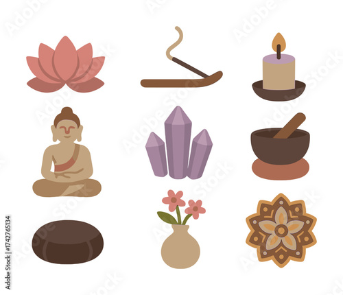 Vector Elements of meditation: icons of buddha, lotus, candle, incense, crystals, bowl, flowers